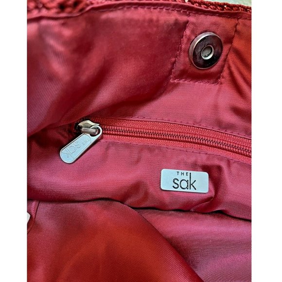 VINTAGE BOHO INDIE RUSTIC COTTAGE CORE THE SAK RED CROCHET HAND BAG TOTE PURSE - Picture 9 of 10